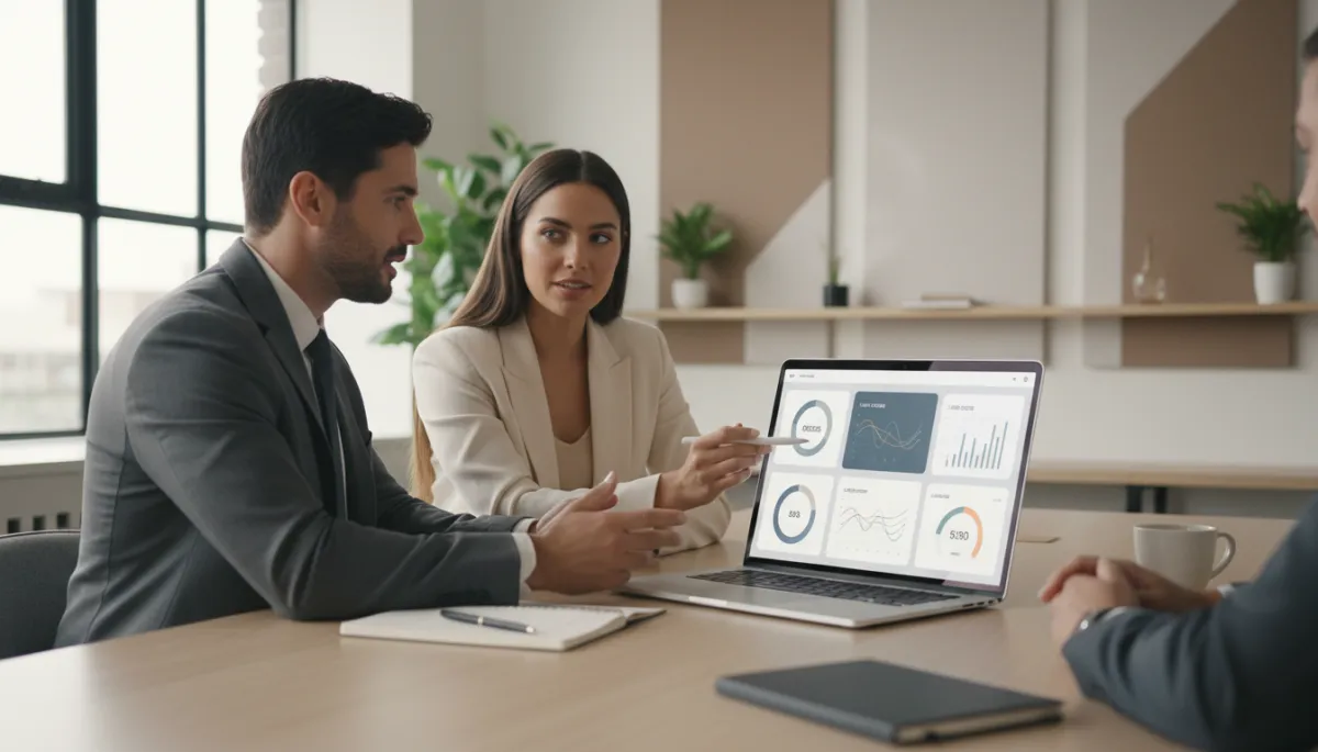 photorealistic neutral-toned modern office with a business owner and marketer reviewing a laptop dashboard showing call analytics, attribution charts, and lead scores; soft natural light, professional setting