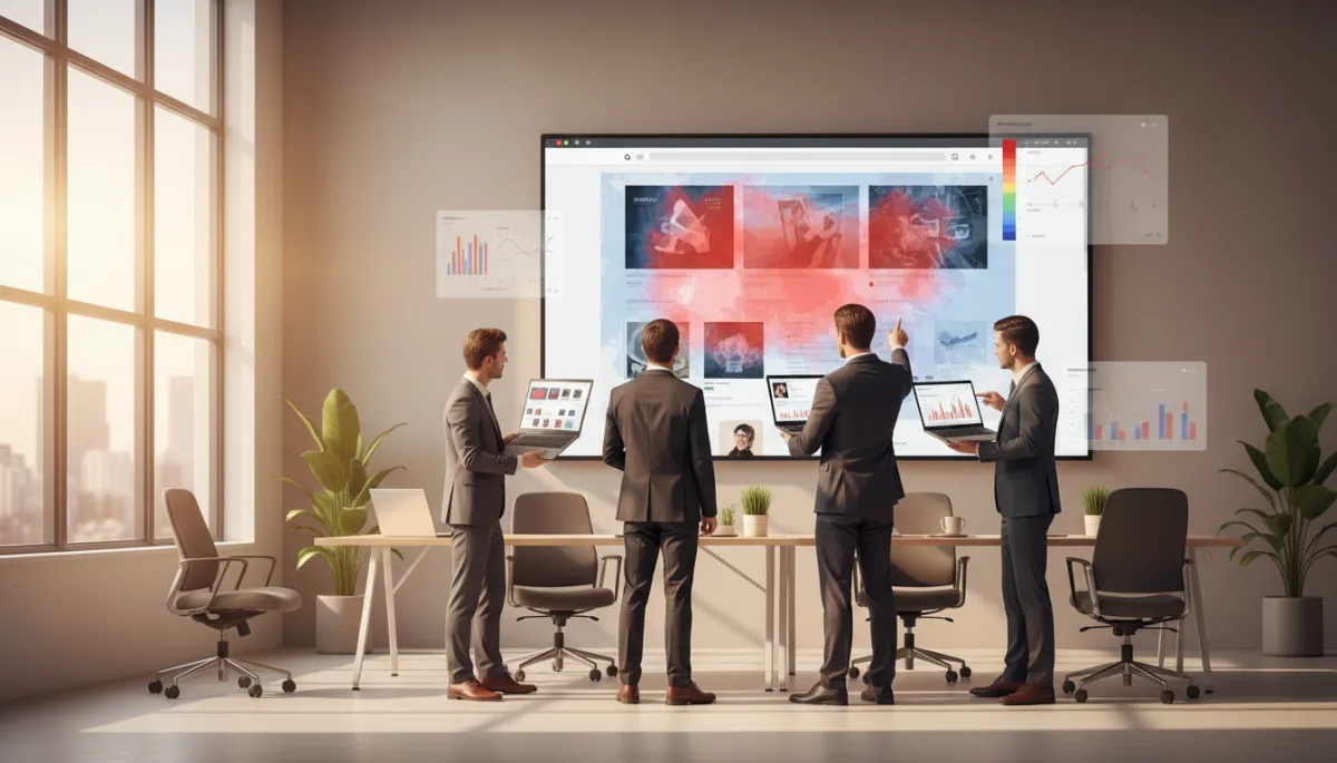photorealistic neutral-toned modern office with a marketing team reviewing a large screen heatmap report on a website, warm natural light, professional business attire, subtle charts and user session replays visible on laptops