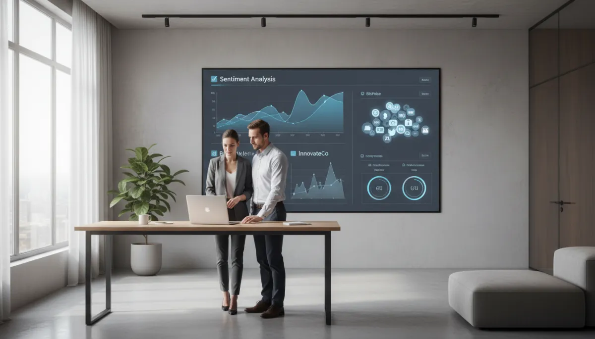 photorealistic neutral-toned modern office with a large wall-mounted dashboard showing real-time social media mentions, sentiment graphs, and competitor comparison charts; a business owner and a technical lead stand side by side reviewing the data on a laptop, soft natural light, professional atmosphere