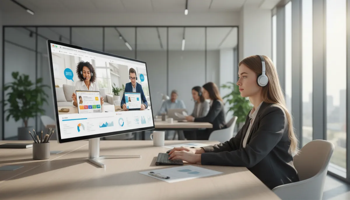 photorealistic neutral-toned modern office with a marketer watching usability test videos on a large monitor, split-screen showing real users navigating a website and speaking into their headsets, soft natural light, professional atmosphere