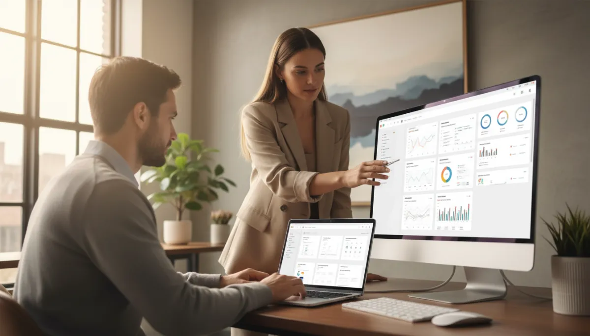 photorealistic neutral-toned modern office with a business owner reviewing website analytics on a large monitor, designer beside them adjusting a service page layout on a laptop, soft natural light, clean professional aesthetic