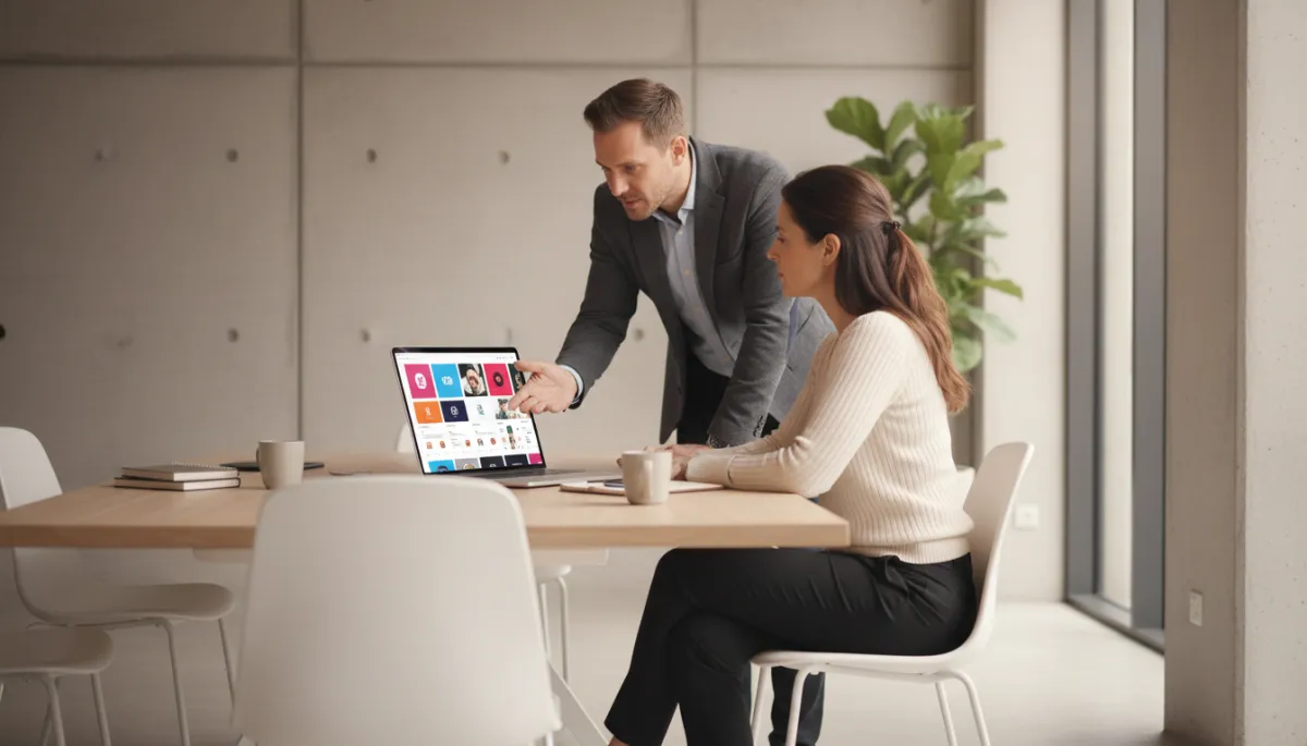 photorealistic neutral-toned modern office scene with a marketing consultant and business owner reviewing polished social media profile mockups on a large laptop screen, soft natural light, clean professional aesthetic