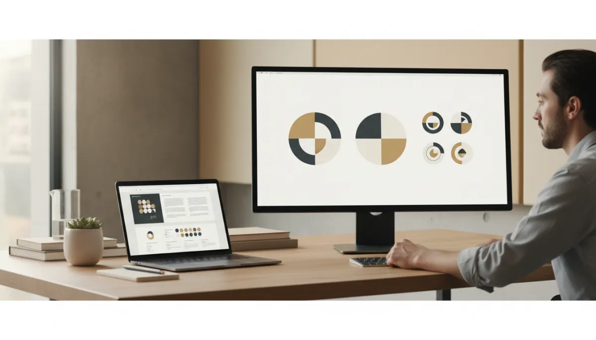 photorealistic neutral-toned modern workspace with a designer reviewing logo concepts on a large monitor, brand guidelines open on a laptop beside them, soft natural light and minimal professional decor