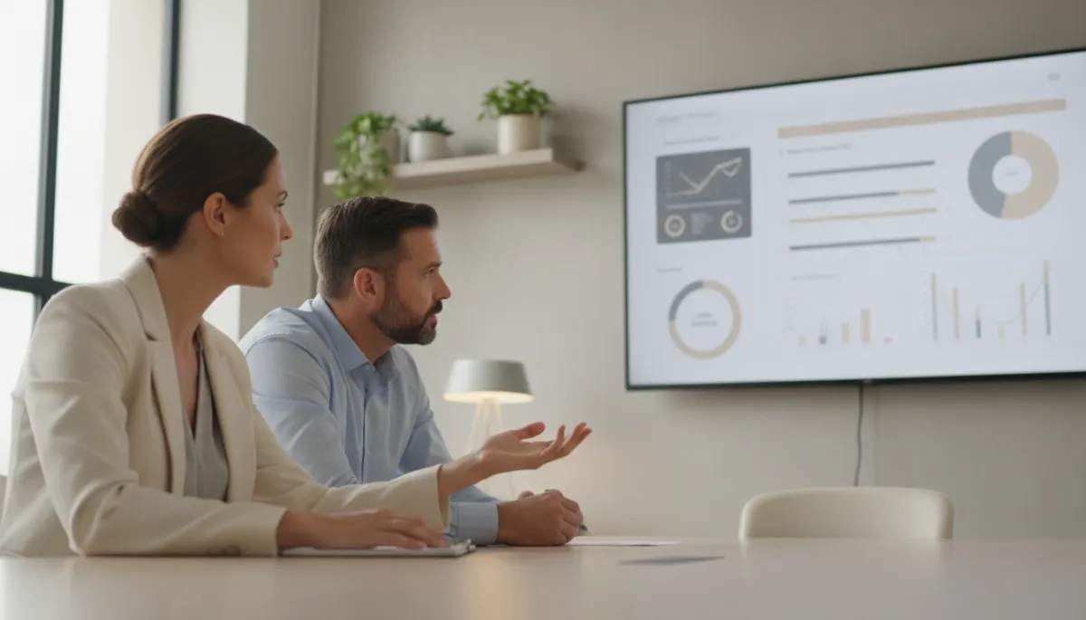 photorealistic neutral-toned modern office scene with a marketing consultant presenting a local SEO performance dashboard on a large screen to a small business owner, both focused and professional, soft natural lighting, minimal decor