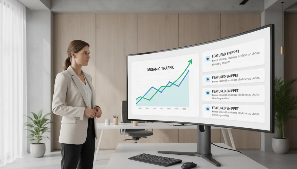 photorealistic neutral-toned modern office with a business owner reviewing analytics on a large monitor showing rising organic traffic and prominent featured snippet placements, soft natural light, professional atmosphere