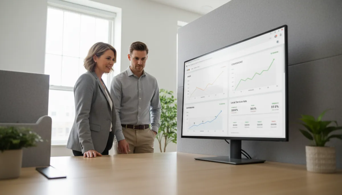photorealistic neutral-toned modern office with a local business owner and a PPC specialist reviewing Google Ads and Local Services Ads performance dashboards on a large monitor, charts showing calls and leads increasing, daylight, professional atmosphere