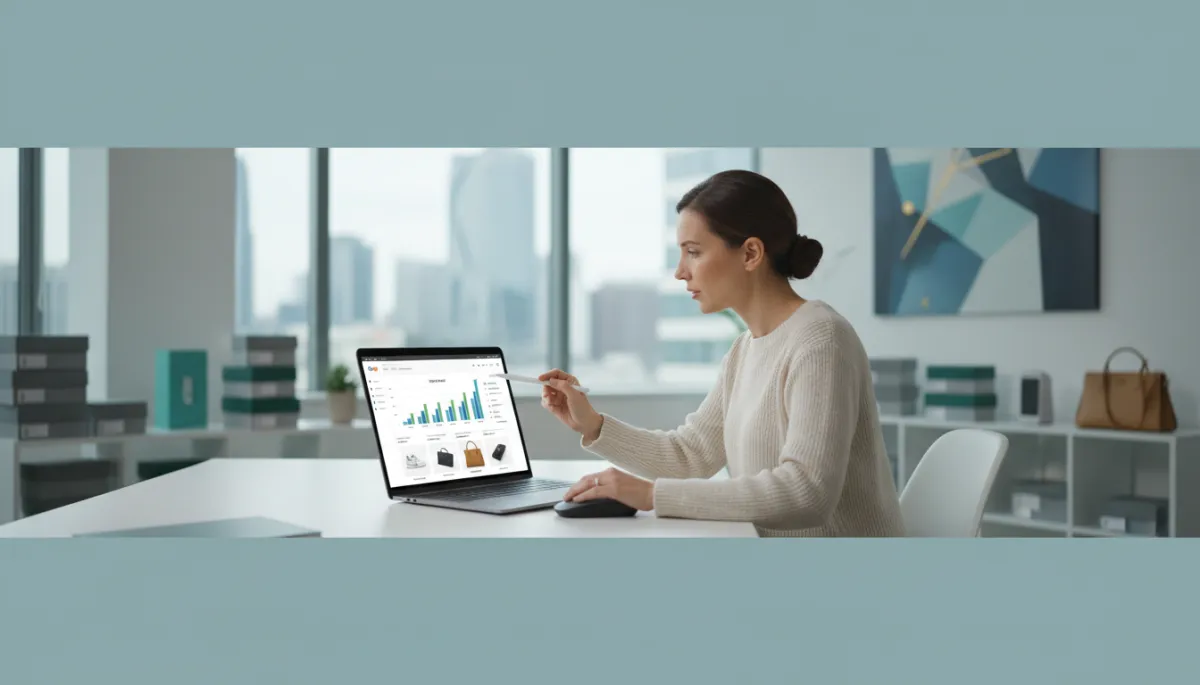 photorealistic professional scene of an eCommerce business owner reviewing Google Shopping performance dashboards on a laptop in a modern office, product images and ROAS charts visible on screen, clean professional color palette