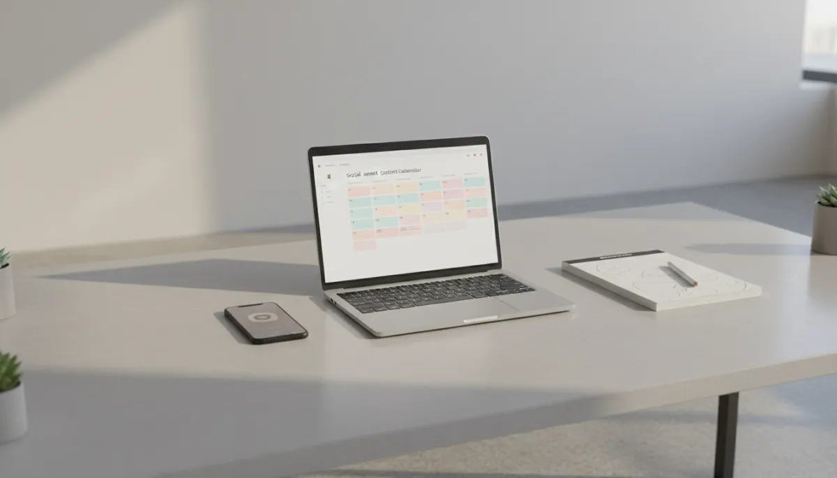 photorealistic neutral-toned modern office desk with laptop showing a social media content calendar, neatly arranged phone and notebook, soft natural light, minimal clutter, professional atmosphere