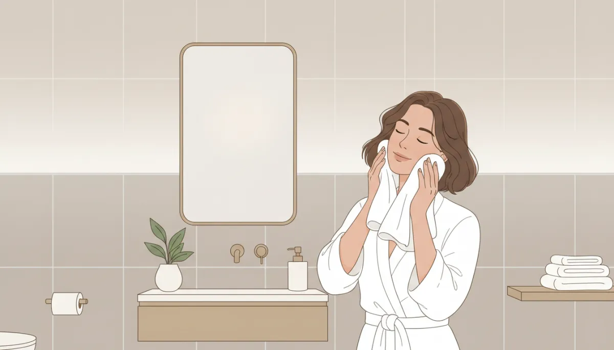 Woman gently patting her skin dry with a towel to protect her tan Woman gently patting her skin dry with a towel to protect her tan