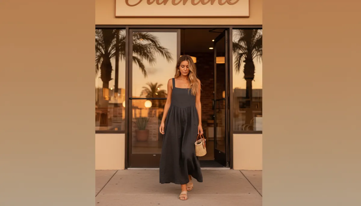Woman leaving a tanning studio wearing loose dark clothing
