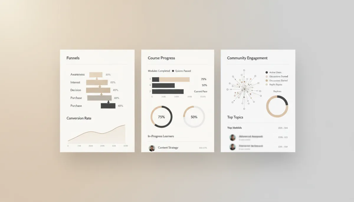 Dashboard comparing funnels, course performance, and community engagement in BNC IO