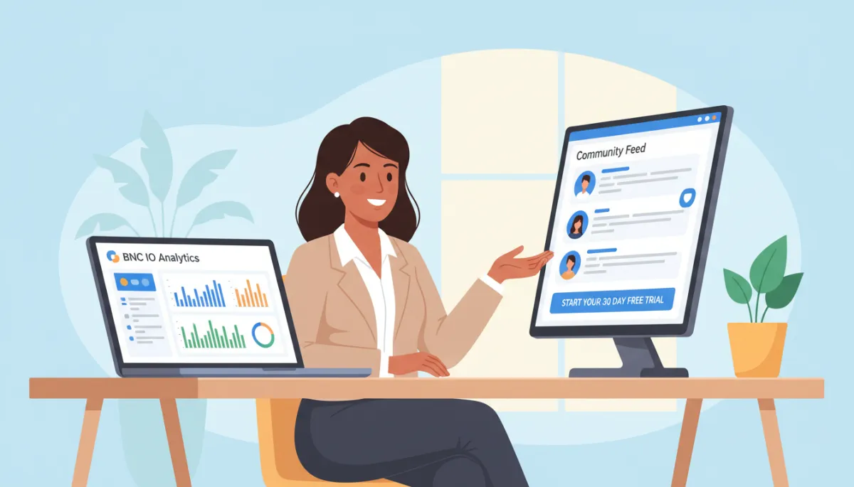 confident course creator at a desk reviewing BNC IO analytics on a laptop, community feed open on a second screen, clear call-to-action area on screen reading Start Your 30 Day Free Trial, bright and inviting workspace