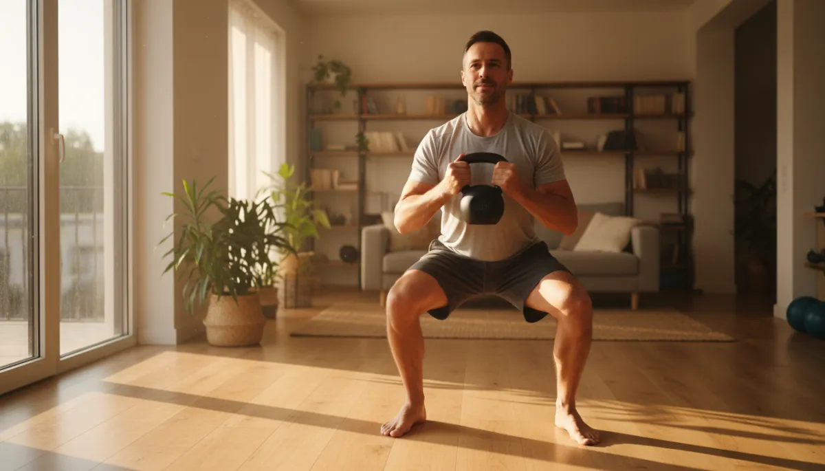Man boven de 30 doet squats met kettlebell in een lichte woonkamer