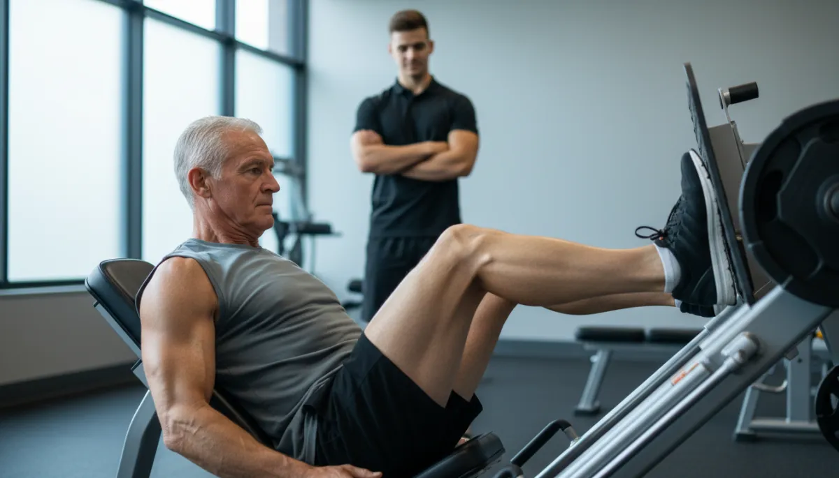 Oudere man die een leg press oefening uitvoert met begeleiding