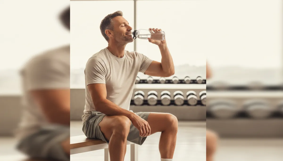 Man boven de 40 die na krachttraining uitrust en water drinkt in een sportschool Man boven de 40 die na krachttraining uitrust en water drinkt in een sportschool