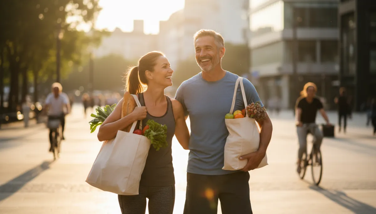 Stel boven de 50 dat na krachttraining lachend samen boodschappen draagt Stel boven de 50 dat na krachttraining lachend samen boodschappen draagt