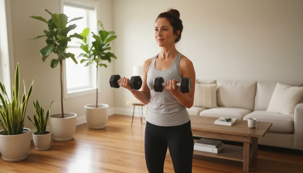Vrouw boven de 30 die thuis krachttraining doet met dumbbells in een warme huiskamer Vrouw boven de 30 die thuis krachttraining doet met dumbbells in een warme huiskamer