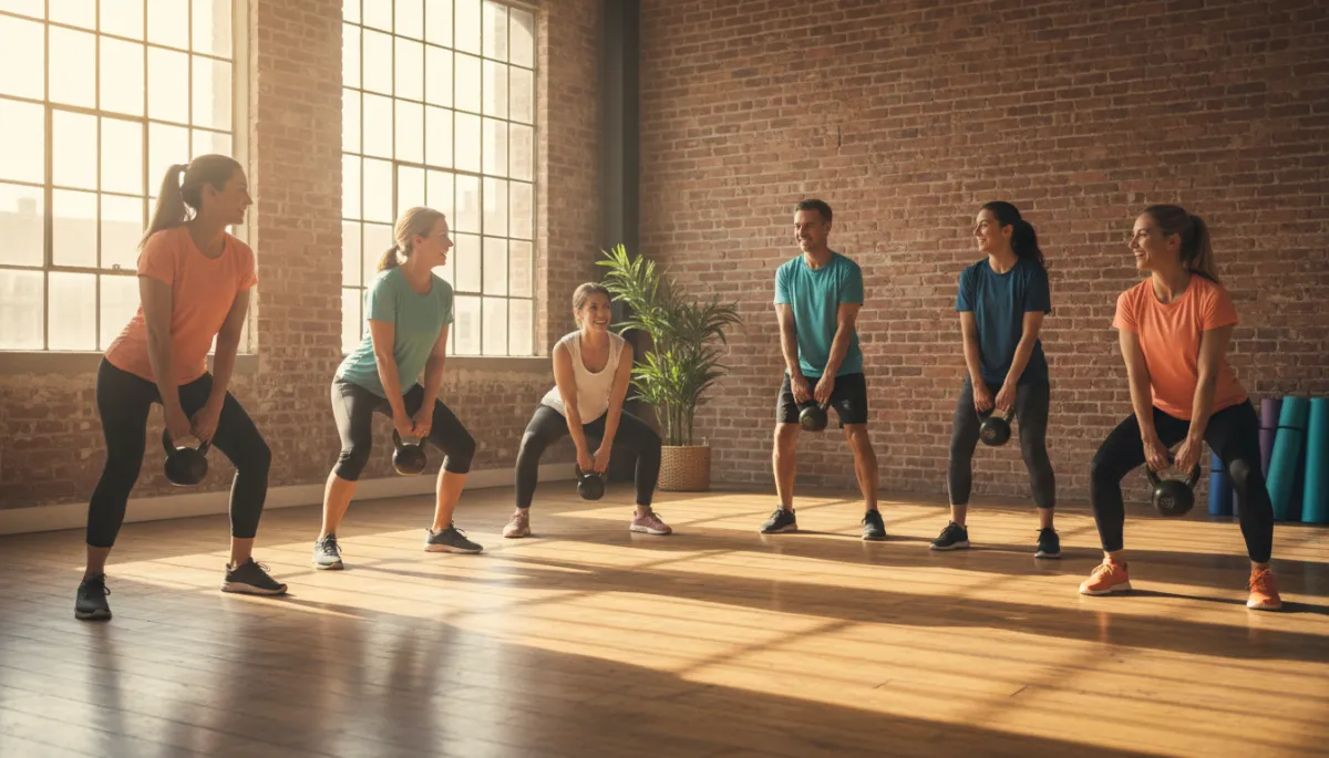 Groep mannen en vrouwen boven de 30 die samen krachttraining doen met kettlebells Groep mannen en vrouwen boven de 30 die samen krachttraining doen met kettlebells