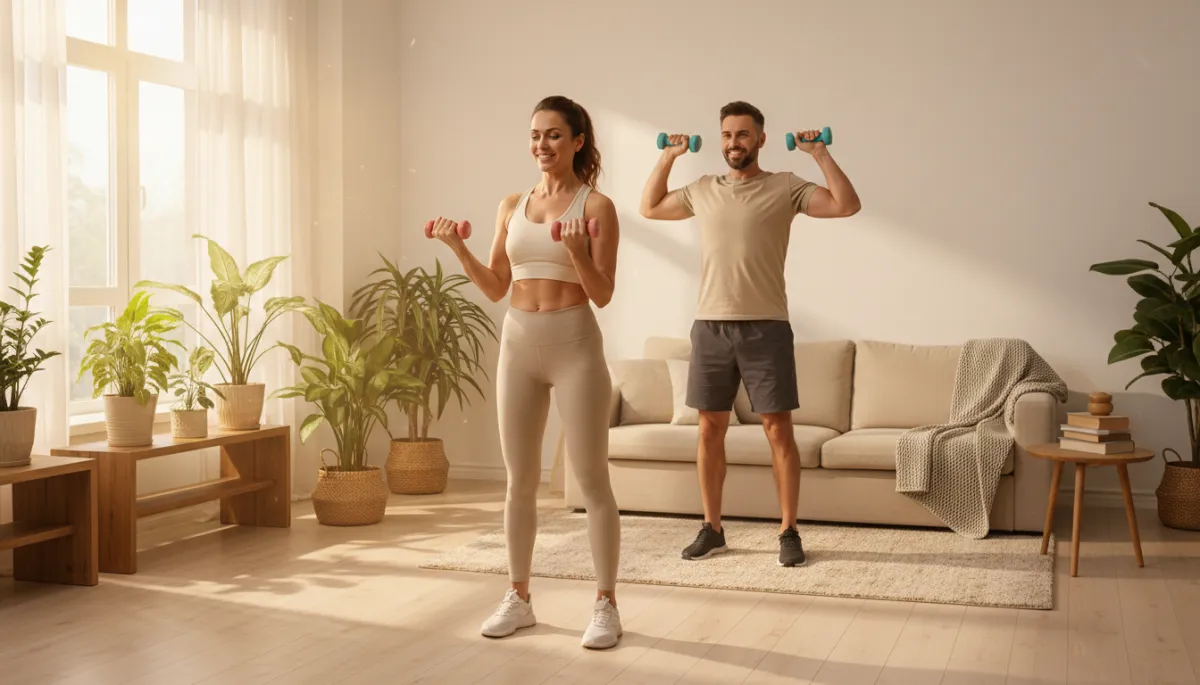Warm lifestyle photography of a man and woman in their late 30s doing light strength training with dumbbells in a cozy sunlit living room, plants, wooden floor, soft beige tones, both smiling and focused