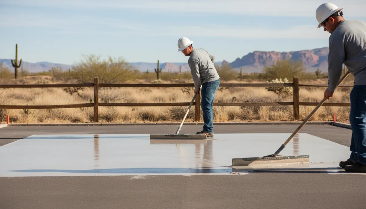 Professional crew applying acrylic surface coating to a Nevada pickleball court Professional crew applying acrylic surface coating to a Nevada pickleball court