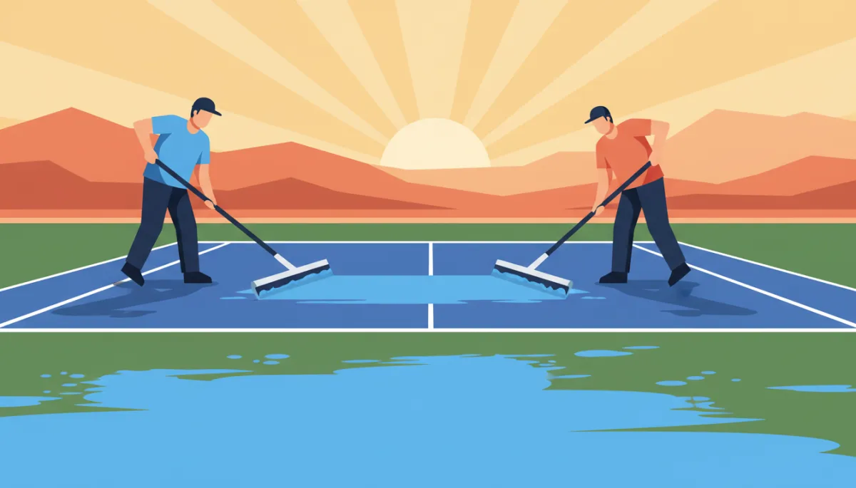 Contractors applying acrylic color coating to a pickleball court surface in Southern Utah