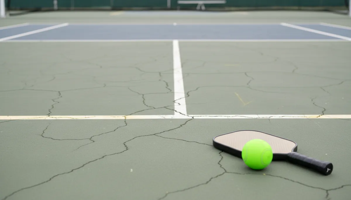 Close-up of worn pickleball court surface with cracks and fading lines
