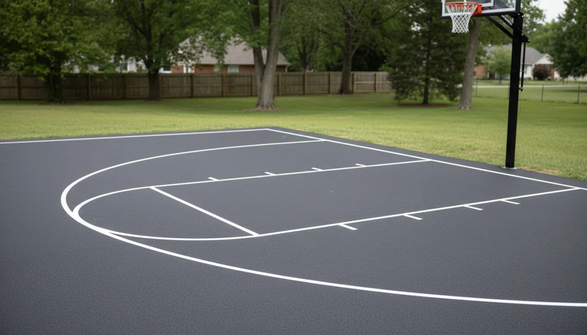 Realistic close-up of a freshly paved asphalt basketball court with hoop Realistic close-up of a freshly paved asphalt basketball court with hoop