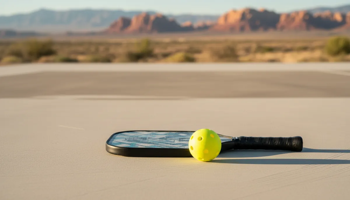 Pickleball paddle and ball on a freshly coated court surface in St. George Utah