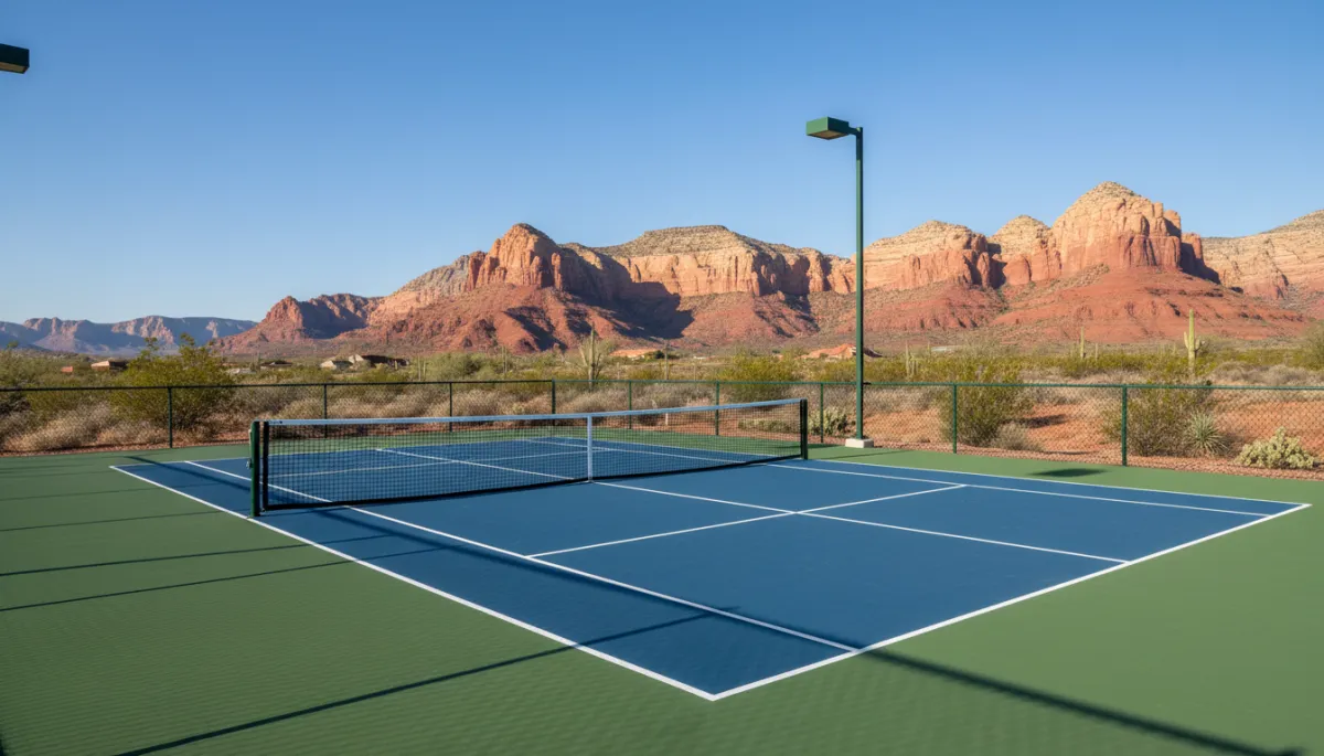 A photorealistic image of a newly constructed professional pickleball court in St. George, Utah, set against a backdrop of iconic red rock desert landscapes and clear blue skies. The court features pristine, well-marked lines, high-quality nets, and modern lighting fixtures, showcasing expert craftsmanship. In the background, recognizable St. George desert scenery, including distinctive red cliffs and sparse desert vegetation, reinforces the location. The scene is well-lit with natural sunlight, emphasizing the vibrant colors and clean design, conveying a sense of professionalism and quality construction. Alt text: 