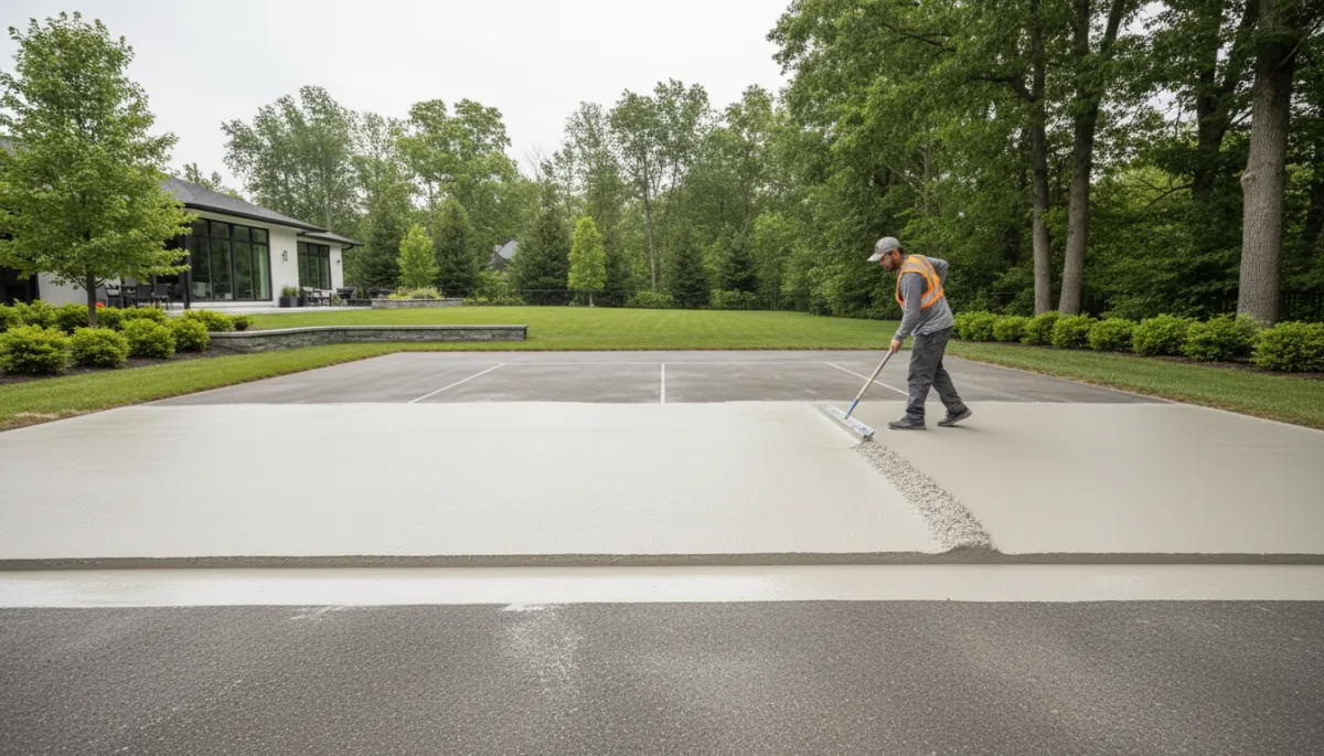 Professional applying new coating during backyard pickleball court resurfacing