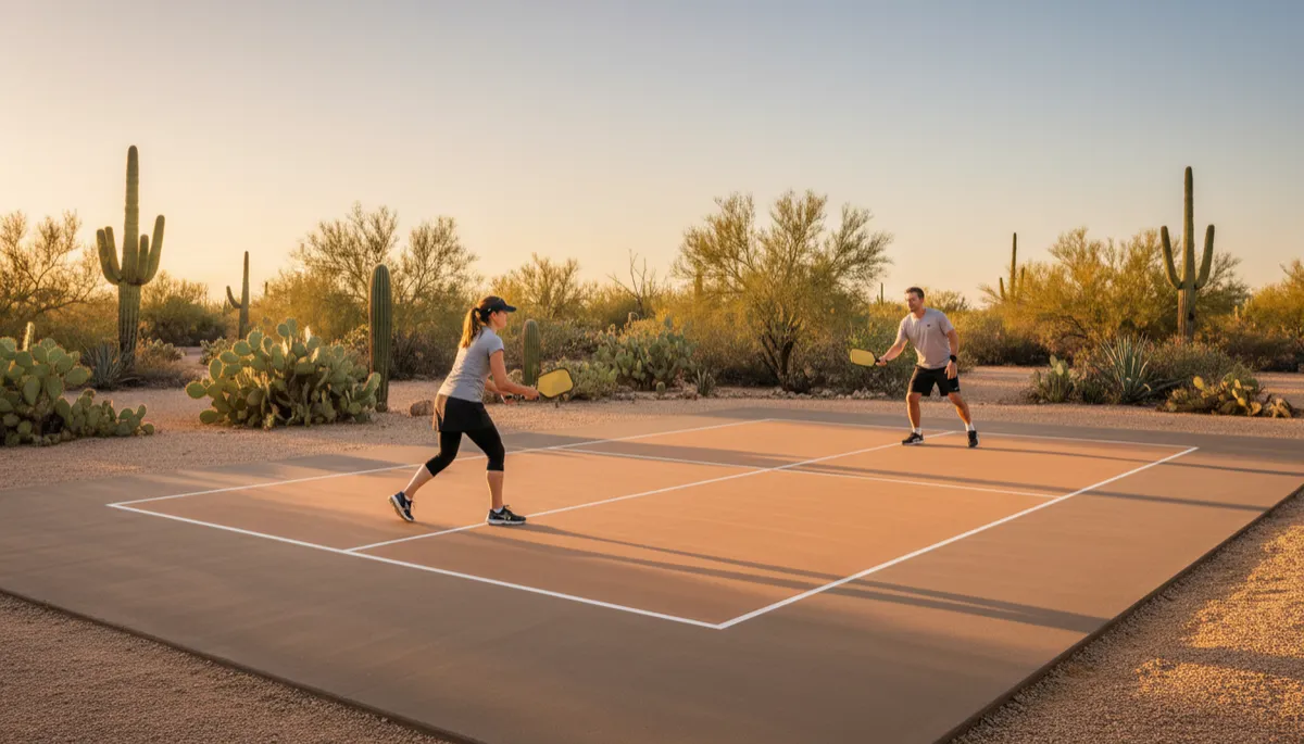 Realistic backyard pickleball court in sand and taupe desert colors Realistic backyard pickleball court in sand and taupe desert colors