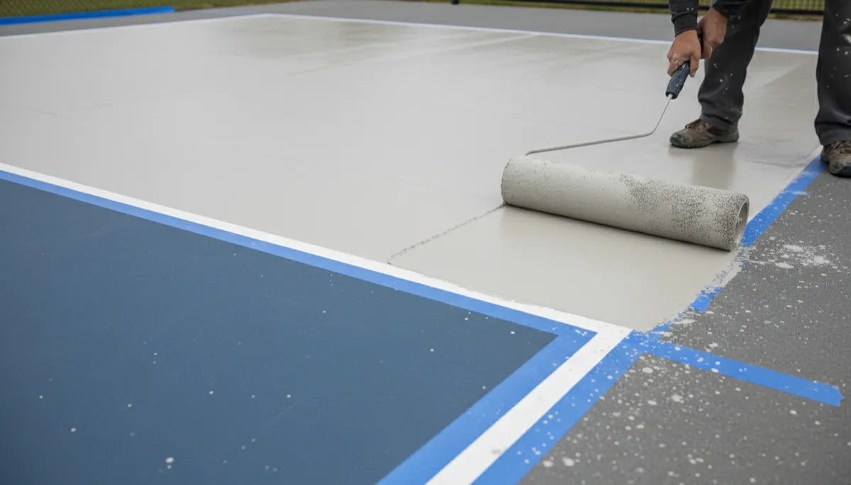 Professional applying acrylic coating during pickleball court resurfacing