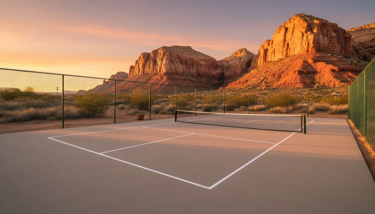 Finished backyard pickleball court in Southern Utah with neutral acrylic surface and fencing Finished backyard pickleball court in Southern Utah with neutral acrylic surface and fencing
