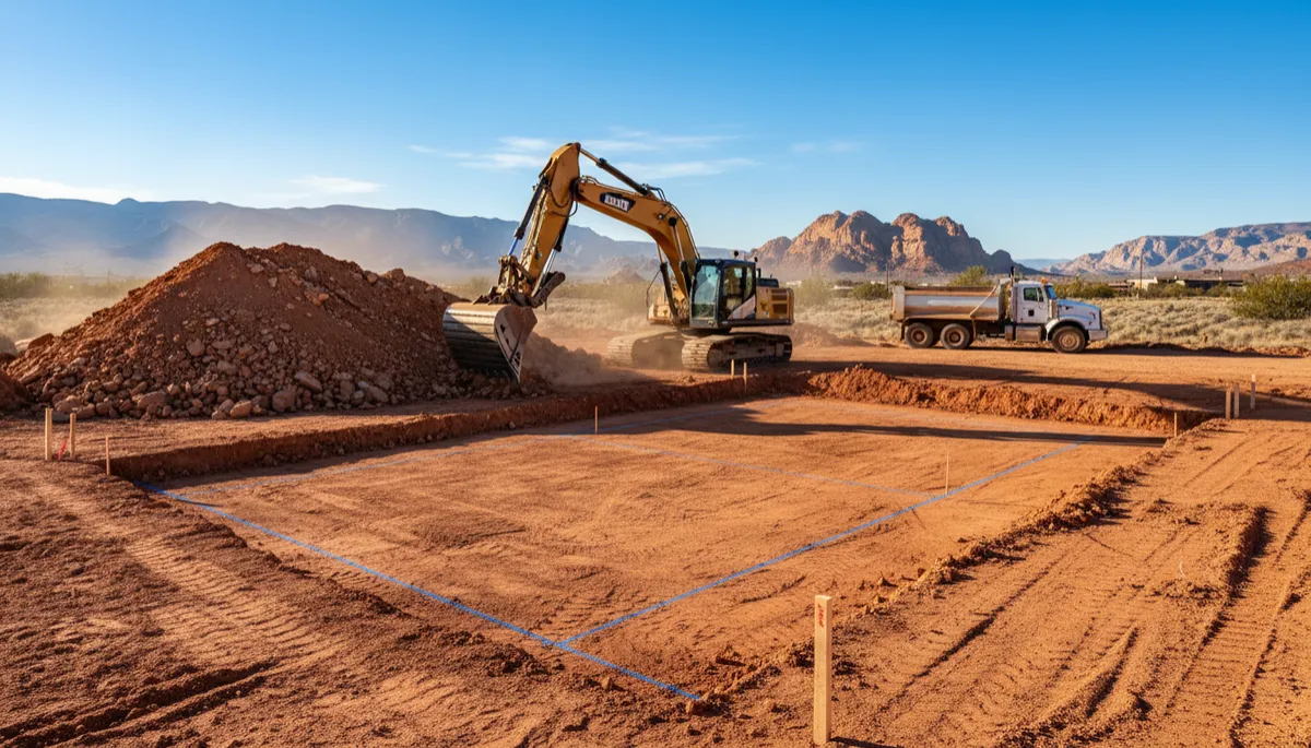 at "Step 3: Site Prep and Drainage for Desert Conditions" add a realistic image of excavation for the 2nd paragraph of that point. Context: This is for a blog post about "Full Pickleball Court Construction in Southern Utah: From Dirt to First Serve". Style: Professional quality, photorealistic, high resolution at "Step 3: Site Prep and Drainage for Desert Conditions" add a realistic image of excavation for the 2nd paragraph of that point. Context: This is for a blog post about "Full Pickleball Court Construction in Southern Utah: From Dirt to First Serve". Style: Professional quality, photorealistic, high resolution