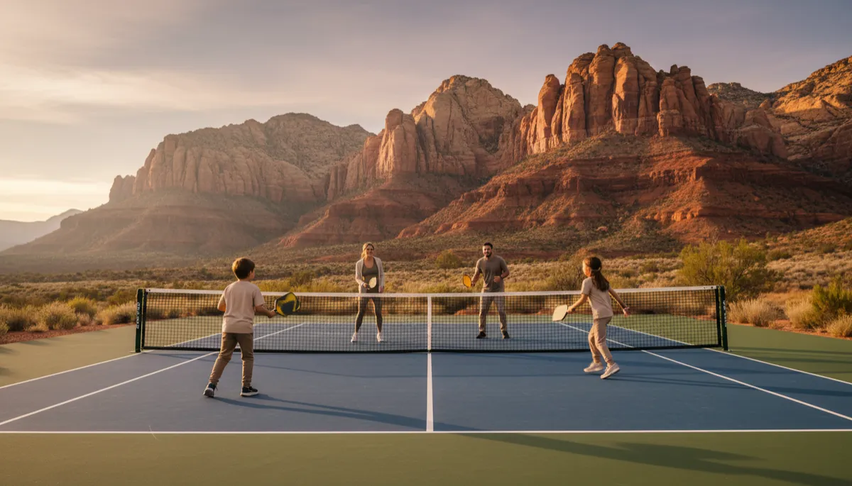 Family playing pickleball on a shared tennis and pickleball court in Southern Utah