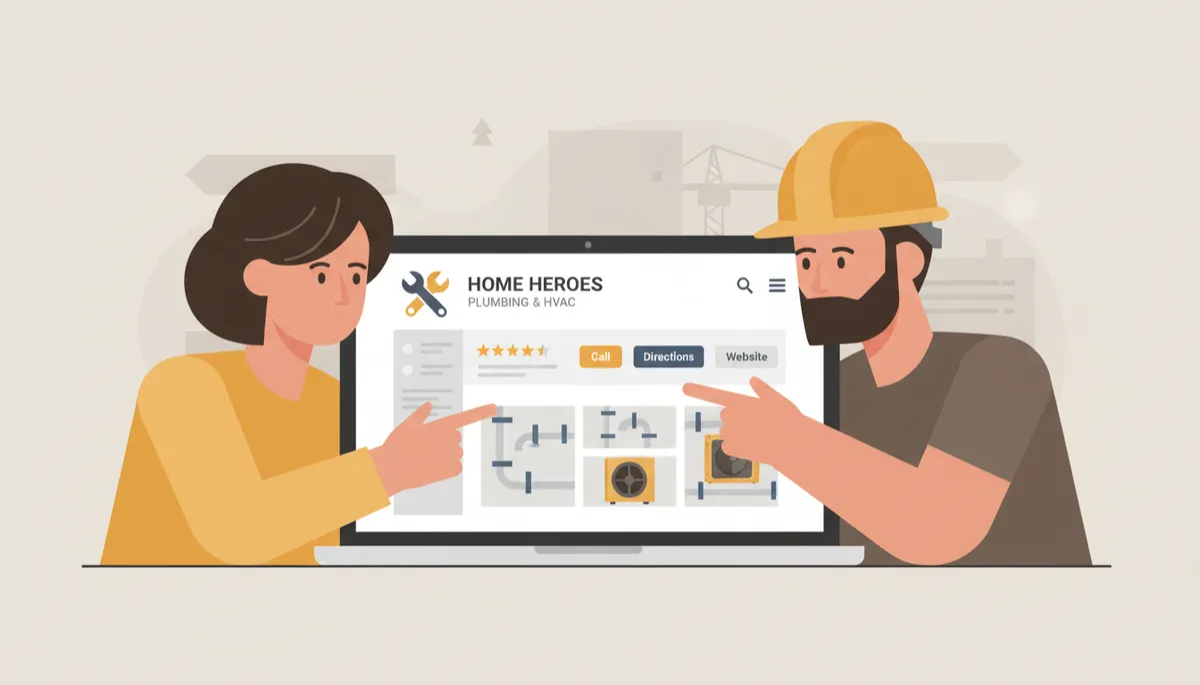 Consultant and contractor reviewing an optimized Google Business Profile for home services Consultant and contractor reviewing an optimized Google Business Profile for home services