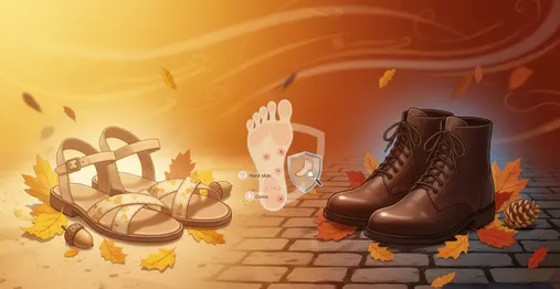 A photorealistic, high-quality cover image showing a pair of bare feet transitioning from wearing summer sandals to autumn boots. The scene is set on a wooden porch with fallen autumn leaves scattered around. On one side, the person is slipping off light, stylish sandals; on the other, they are putting on sturdy, fashionable leather boots. Warm, soft autumn light bathes the scene, highlighting the textures of the footwear and the vibrant colors of the leaves. The overall mood is cozy and inviting, emphasizing the seasonal change and the importance of foot protection. A photorealistic, high-quality cover image showing a pair of bare feet transitioning from wearing summer sandals to autumn boots. The scene is set on a wooden porch with fallen autumn leaves scattered around. On one side, the person is slipping off light, stylish sandals; on the other, they are putting on sturdy, fashionable leather boots. Warm, soft autumn light bathes the scene, highlighting the textures of the footwear and the vibrant colors of the leaves. The overall mood is cozy and inviting, emphasizing the seasonal change and the importance of foot protection.