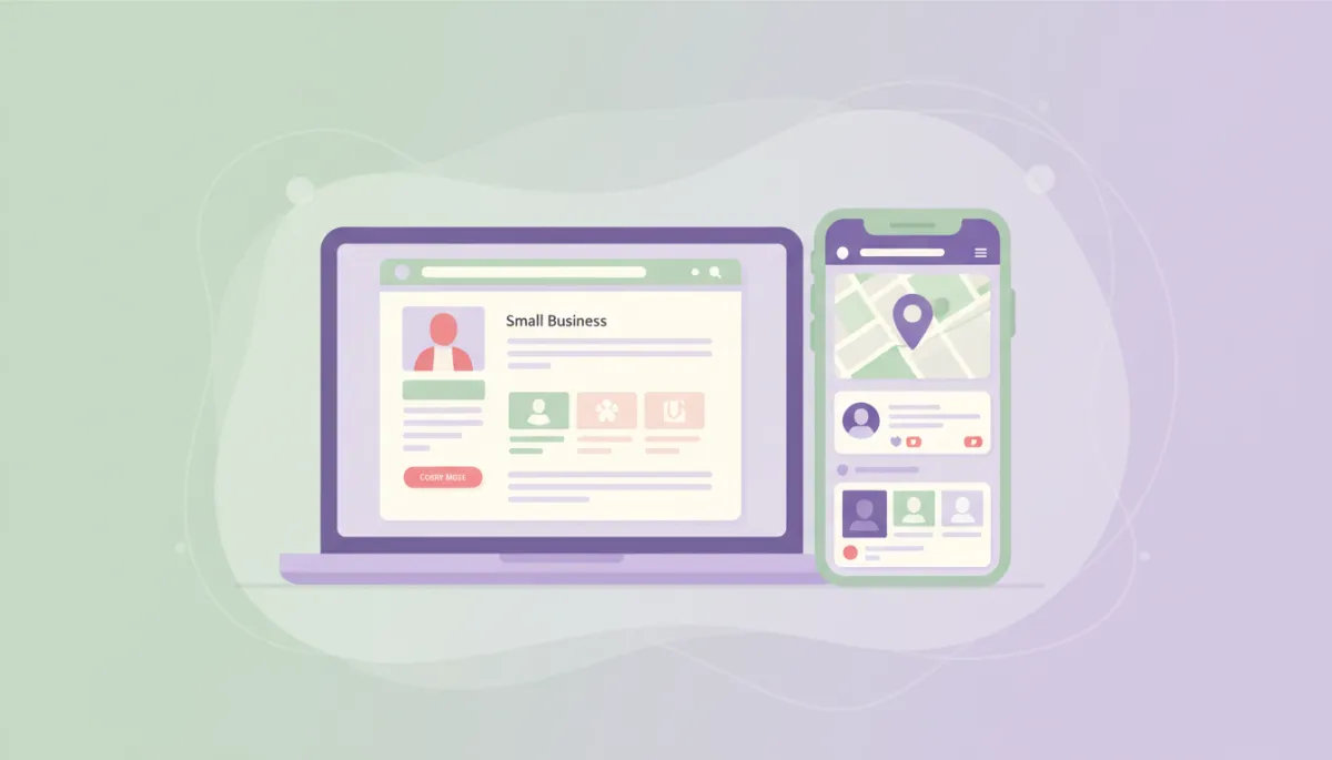 Devices displaying a cohesive small business online presence across website and listings