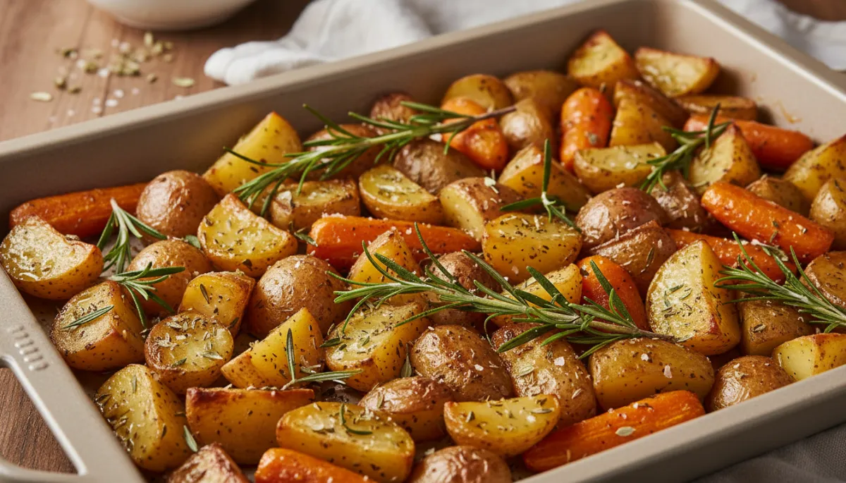 Roasted vegetables seasoned with herbs, olive oil, and sea salt on a baking tray Roasted vegetables seasoned with herbs, olive oil, and sea salt on a baking tray
