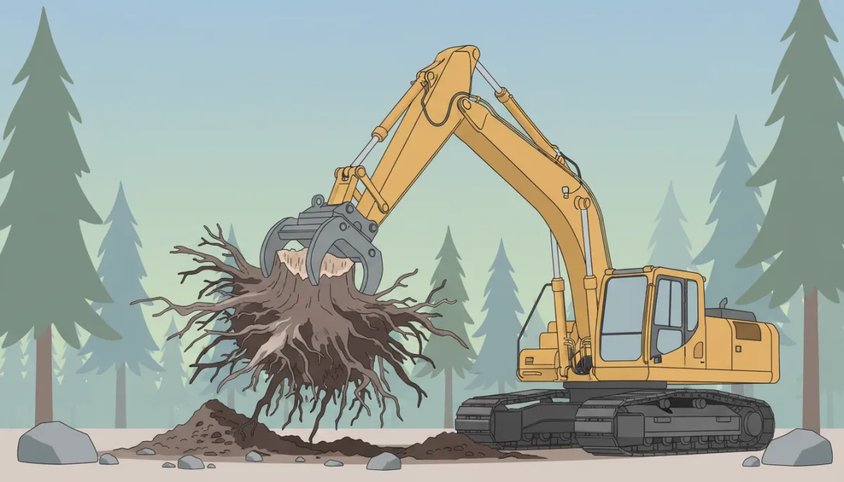 Excavator using hydraulic thumb to remove a large tree stump
