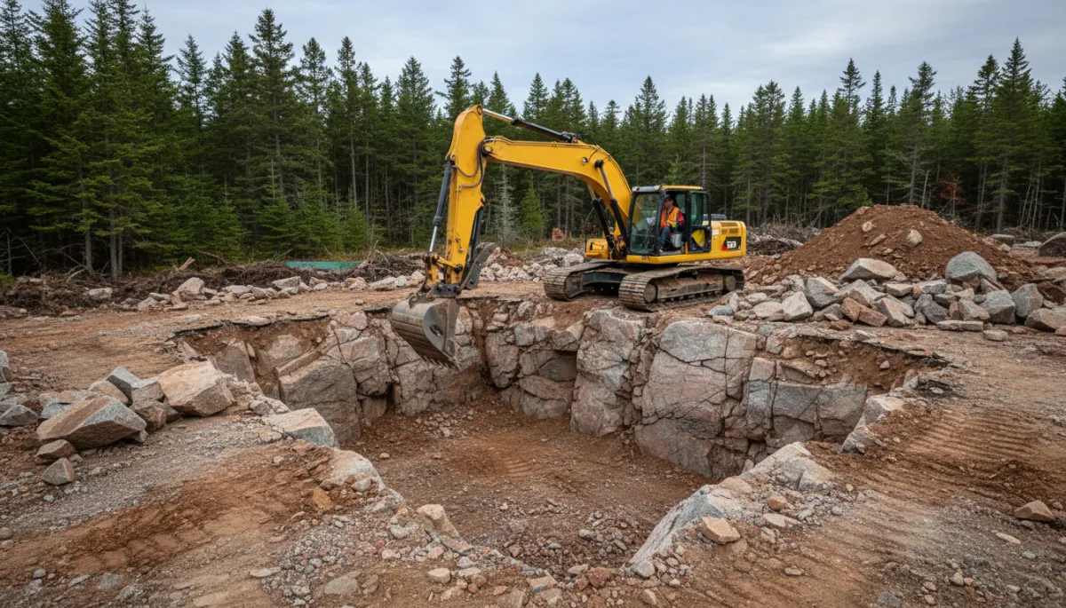 Excavator digging a foundation in rocky Downeast Maine terrain