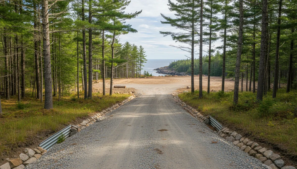 Gravel driveway with proper drainage leading to a Maine homesite