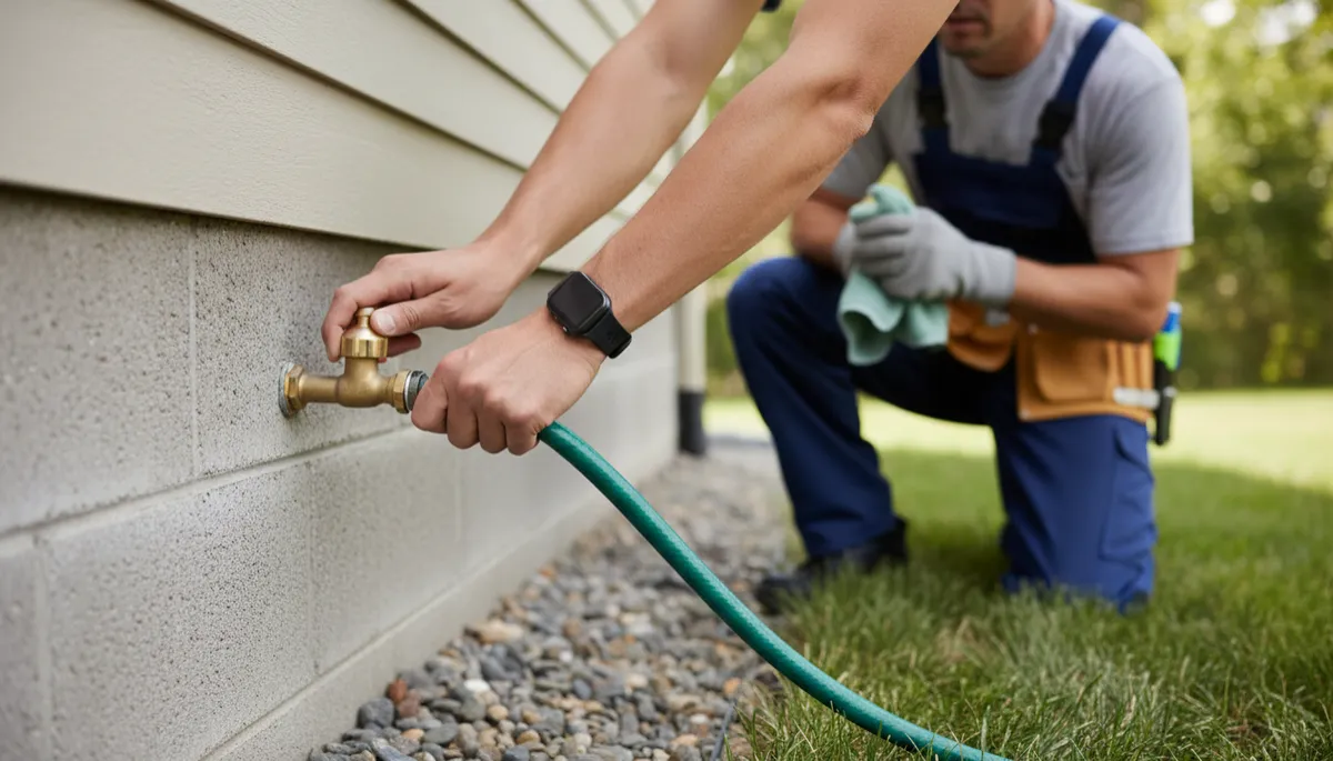 Plumber checking an outdoor spigot and hose connection for summer leaks