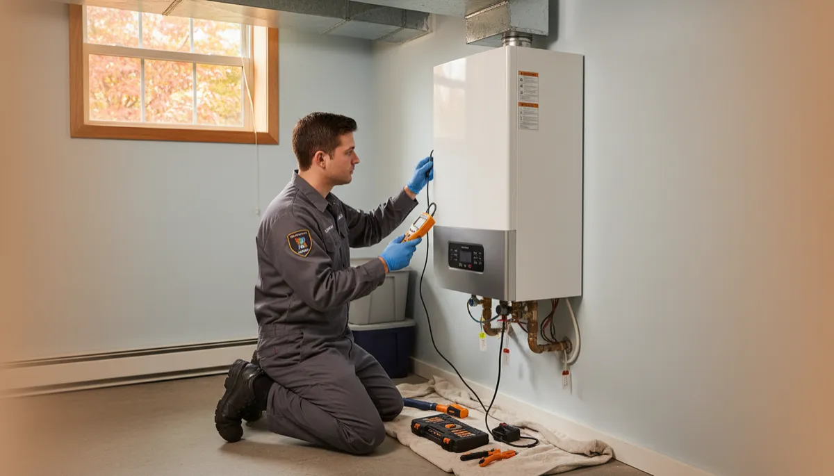 A high-resolution, photorealistic photograph of a professional HVAC technician in a clean uniform inspecting a modern residential boiler inside a tidy, well-lit basement. There should be soft, neutral lighting and a small window showing autumn foliage outside, capturing a calm fall atmosphere in a typical New York home.