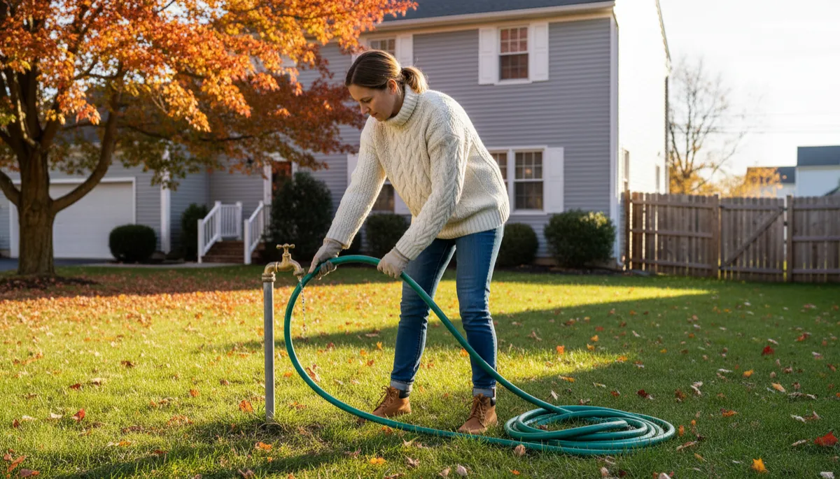 A photorealistic, high-resolution photograph of a homeowner in a sweater shutting off an outdoor faucet and carefully coiling a green garden hose on a sunny, crisp fall day. The background should feature a typical suburban New York yard with a lawn, visible house siding, and scattered colorful autumn leaves.