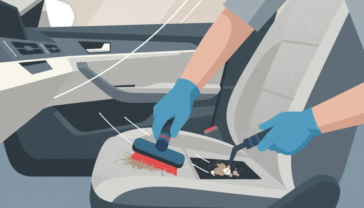 Detailing technician removing pet hair and cleaning car seats