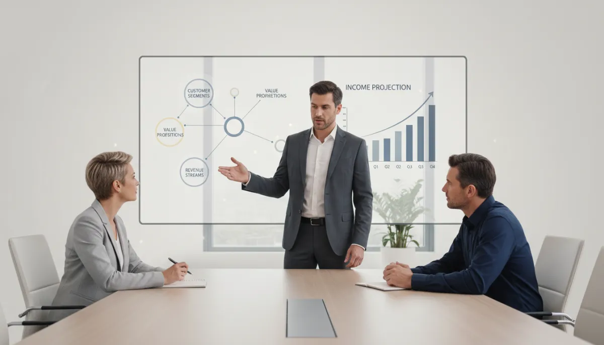 Professional network marketer presenting a simple business and product overview to prospects Professional network marketer presenting a simple business and product overview to prospects