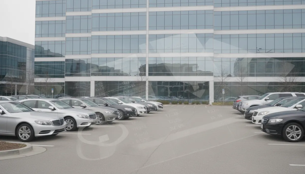 Luxury cars in a corporate parking lot symbolizing debt-fueled lifestyle Luxury cars in a corporate parking lot symbolizing debt-fueled lifestyle