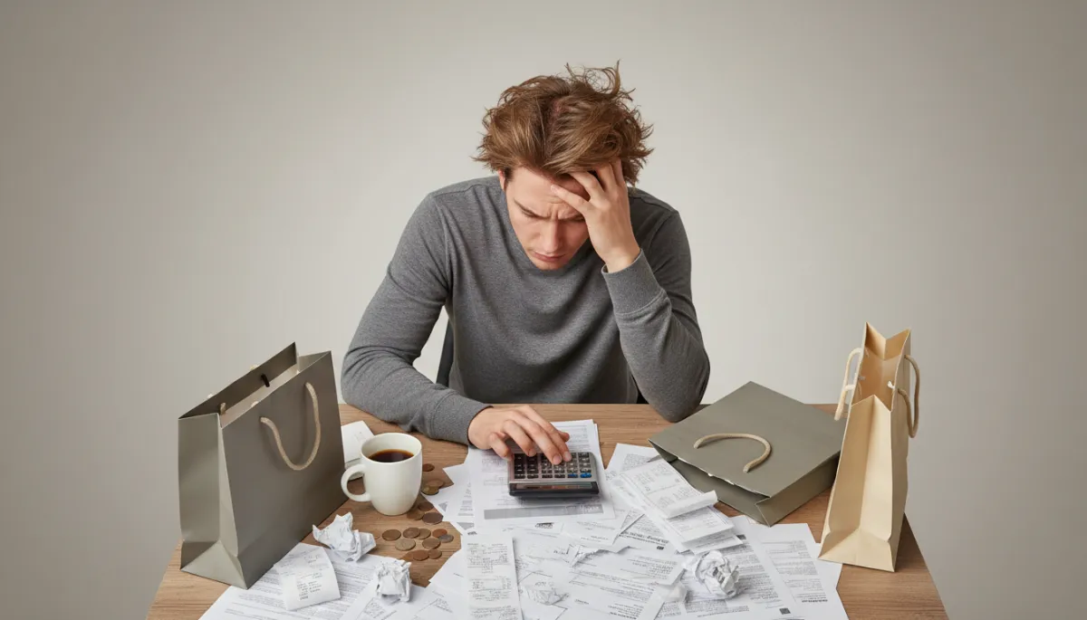 Person overwhelmed by bills and receipts after overspending Person overwhelmed by bills and receipts after overspending