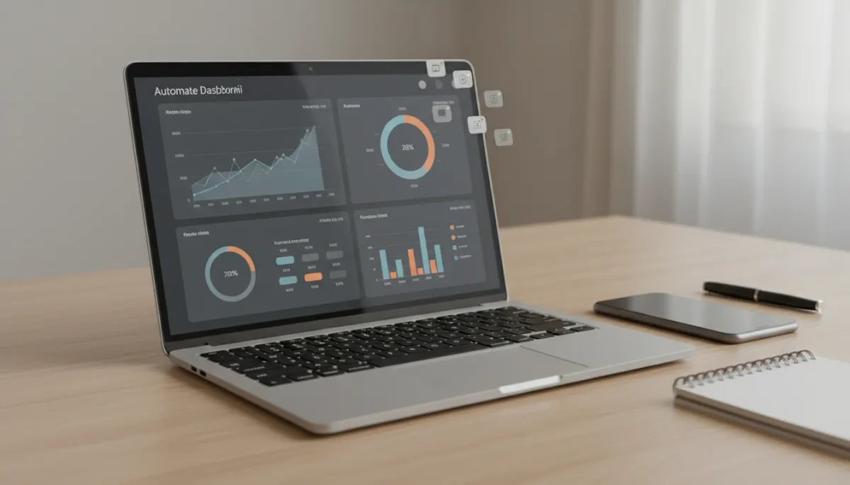 Laptop displaying an automated business dashboard with metrics and notifications